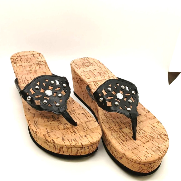 Size 7-8 Sandal Flip Flop Wedge Shoe Black with Bling Glam - Picture 1 of 10
